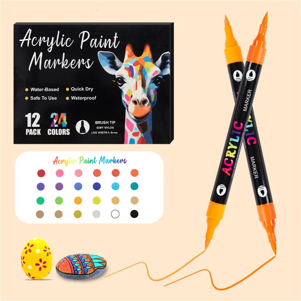 A set of dual-tip acrylic paint markers with various colors and an egg and a stone for scale.