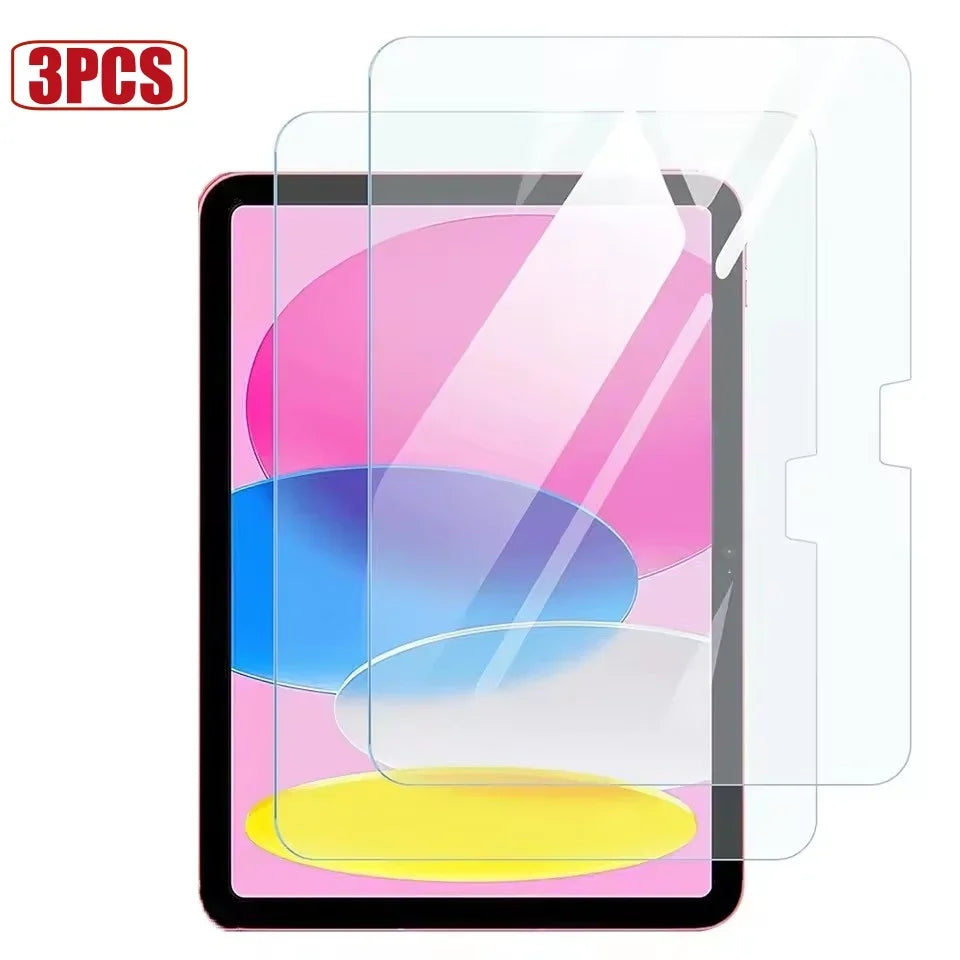 Trois protecteurs d'écran en verre trempé pour iPad, montrant diverses superpositions colorées.