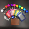 A collection of colorful retractable ID card holders with various colored badges and a brown PU leather badge case.