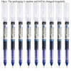 A set of ten smooth quick-drying gel pens with clear plastic bodies and blue ink cartridges.
