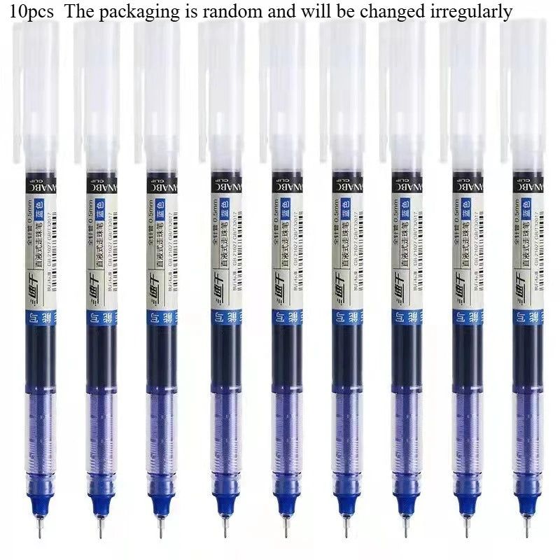 A set of ten smooth quick-drying gel pens with clear plastic bodies and blue ink cartridges.