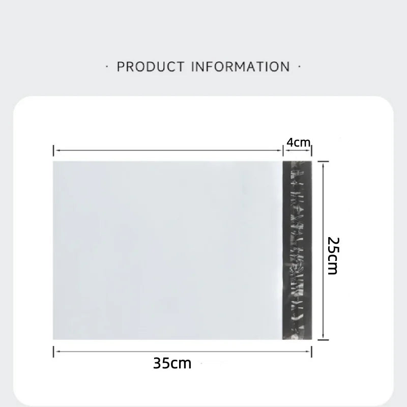 A rectangular white plastic mailing bag with a black sealing strip, shown with dimensions of 35cm by 25cm.