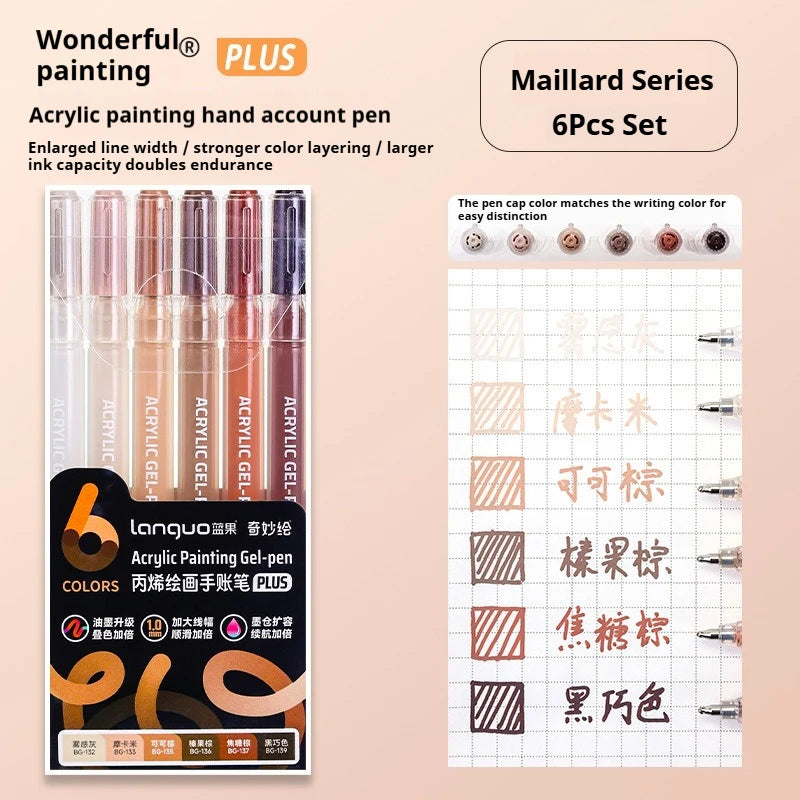 A set of six multicolors acrylic painting gel pens packaged in a box with instructions.