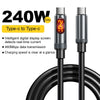A black USB-C to USB-C charging cable with an intelligent digital display showing 240W power output.