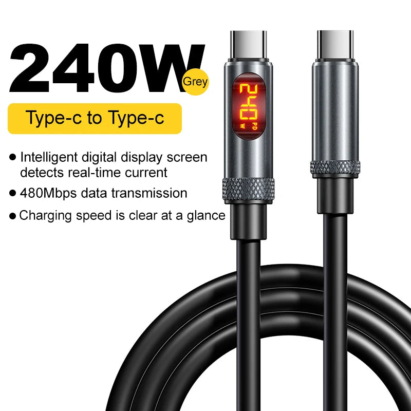 A black USB-C to USB-C charging cable with an intelligent digital display showing 240W power output.