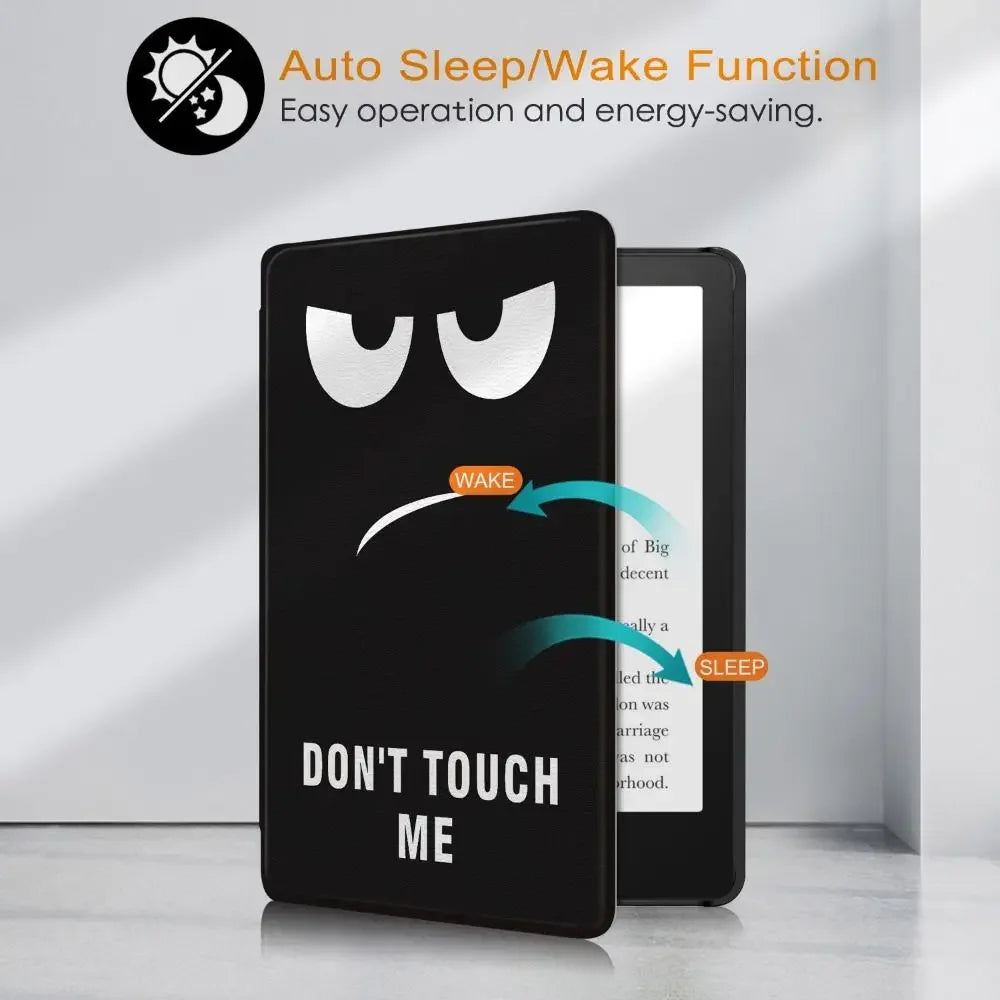 A black electronic device with a sleeping face graphic is shown next to its awake version, demonstrating an auto sleep/wake f