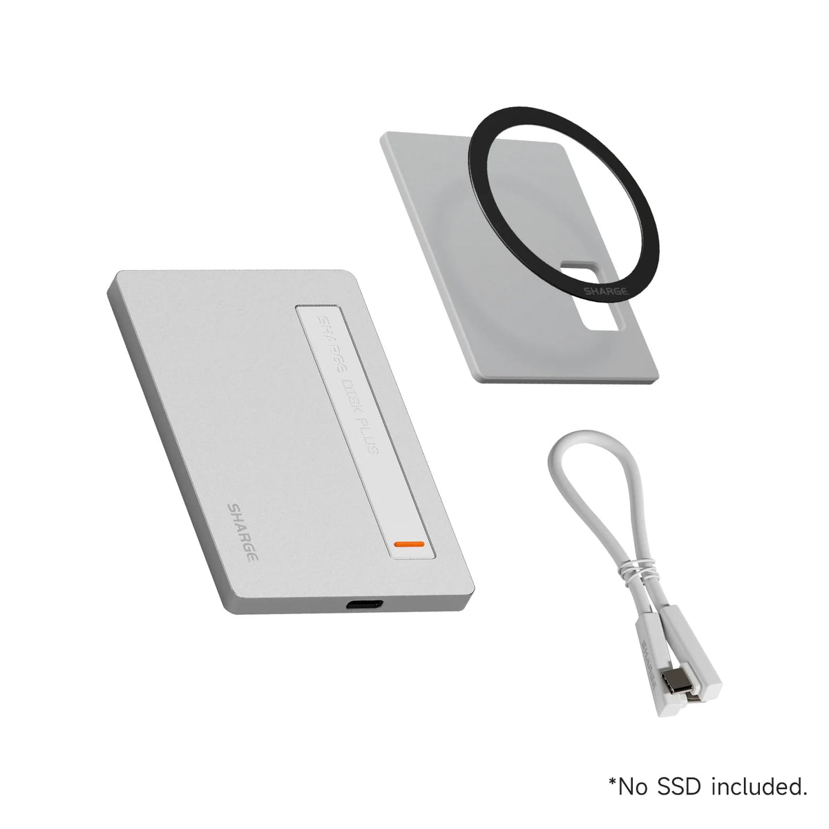 Silberner tragbarer NVMe SSD-Gehäuse mit schwarzem Kabel und Montageplatte.