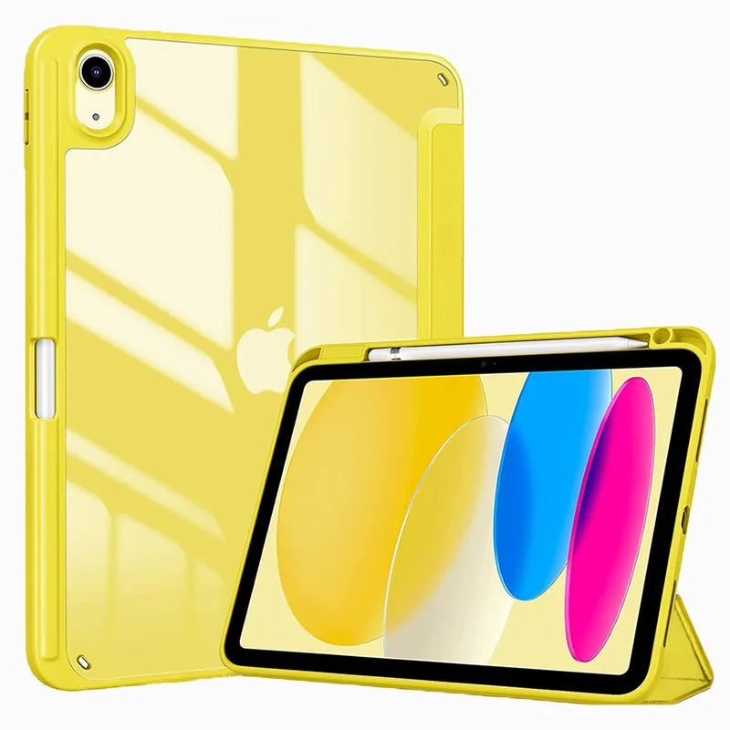 A yellow clear TPU shockproof case for an iPad, shown with the tablet and a matching protective cover.
