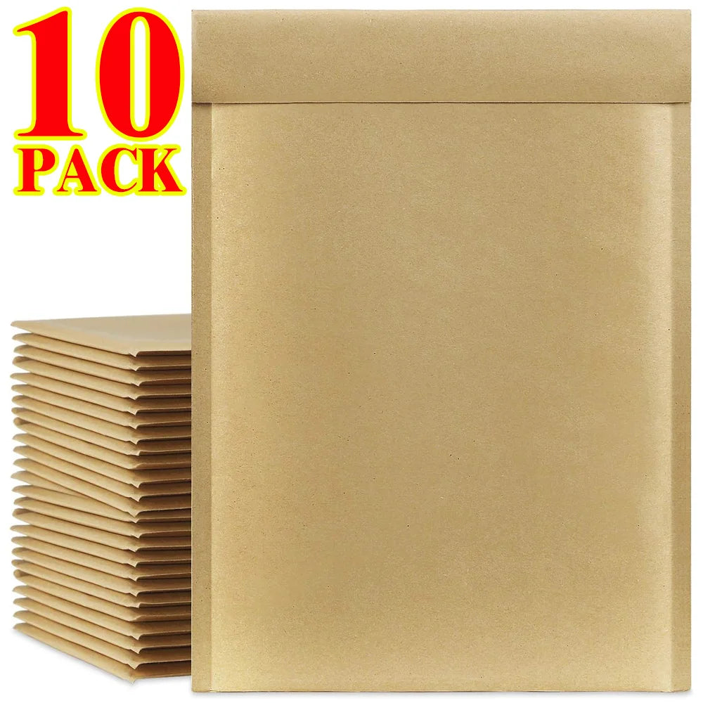 A stack of ten kraft brown bubble mailers is shown next to a single mailer.
