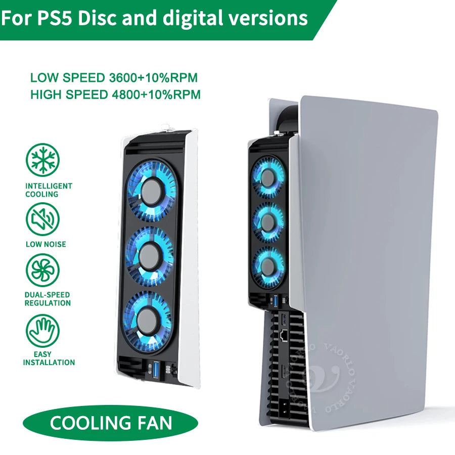 Ventilador de refrigeración plateado para consola PS5 con múltiples ventiladores y un hub USB 3.0