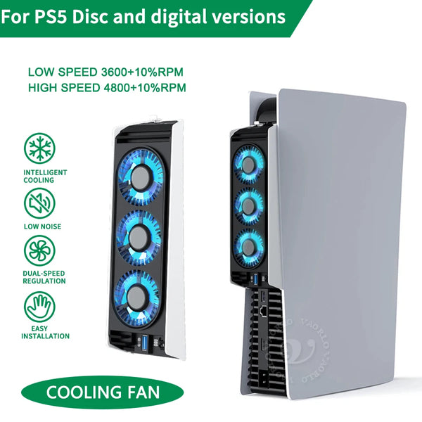 Ventilation de refroidissement argentée pour console PS5 avec plusieurs ventilateurs et un hub USB 3.0