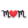 A black and white heart-shaped charm with the letters mom in red.