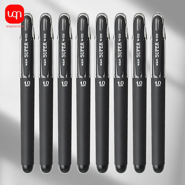 A row of black smooth writing gel pens with 1.0mm tips, showing various WQN SUPER models.