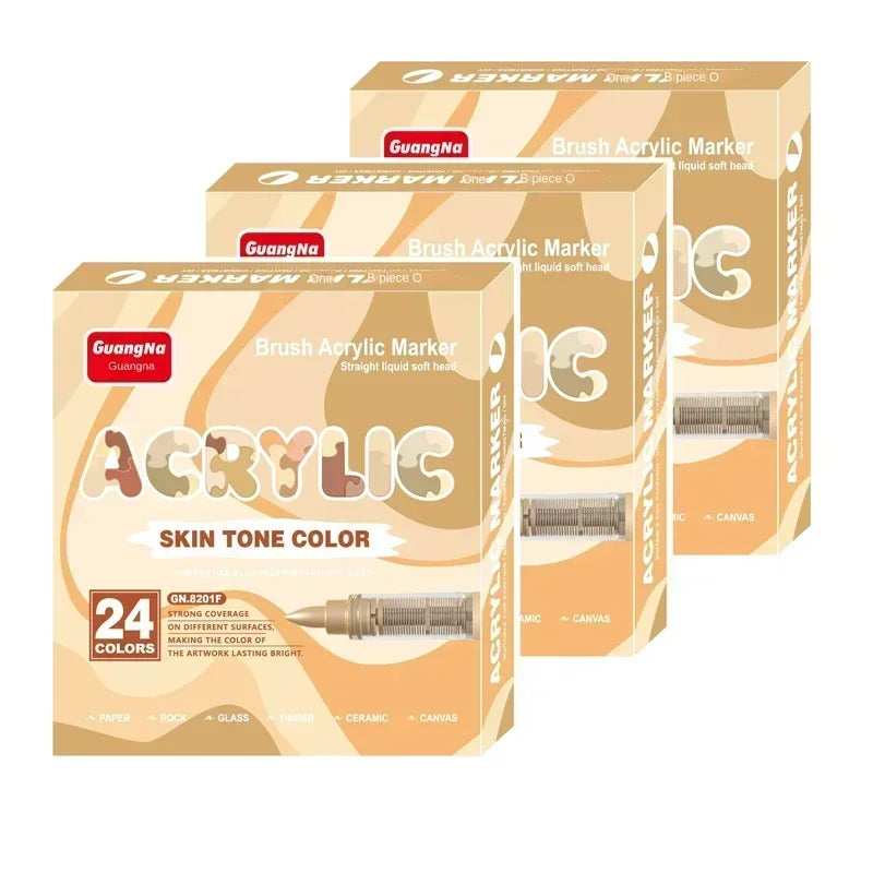 Three boxes of GuangNa Brush Acrylic Markers for skin tone color on various surfaces