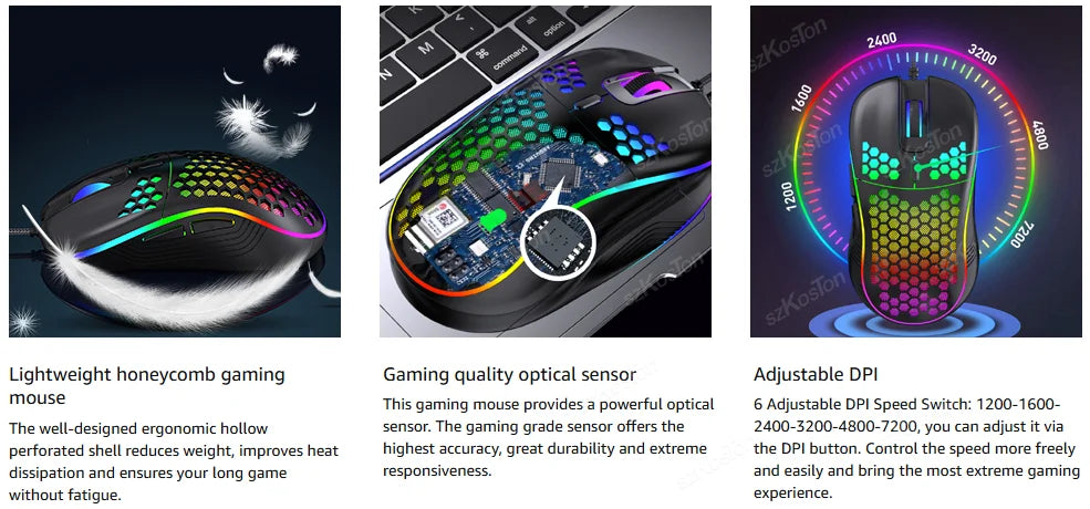 Honeycomb RGB gaming mouse showing the optical sensor and adjustable DPI settings.