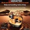 Monster wireless noise-canceling earbuds shown with an open case and sound wave graphic.
