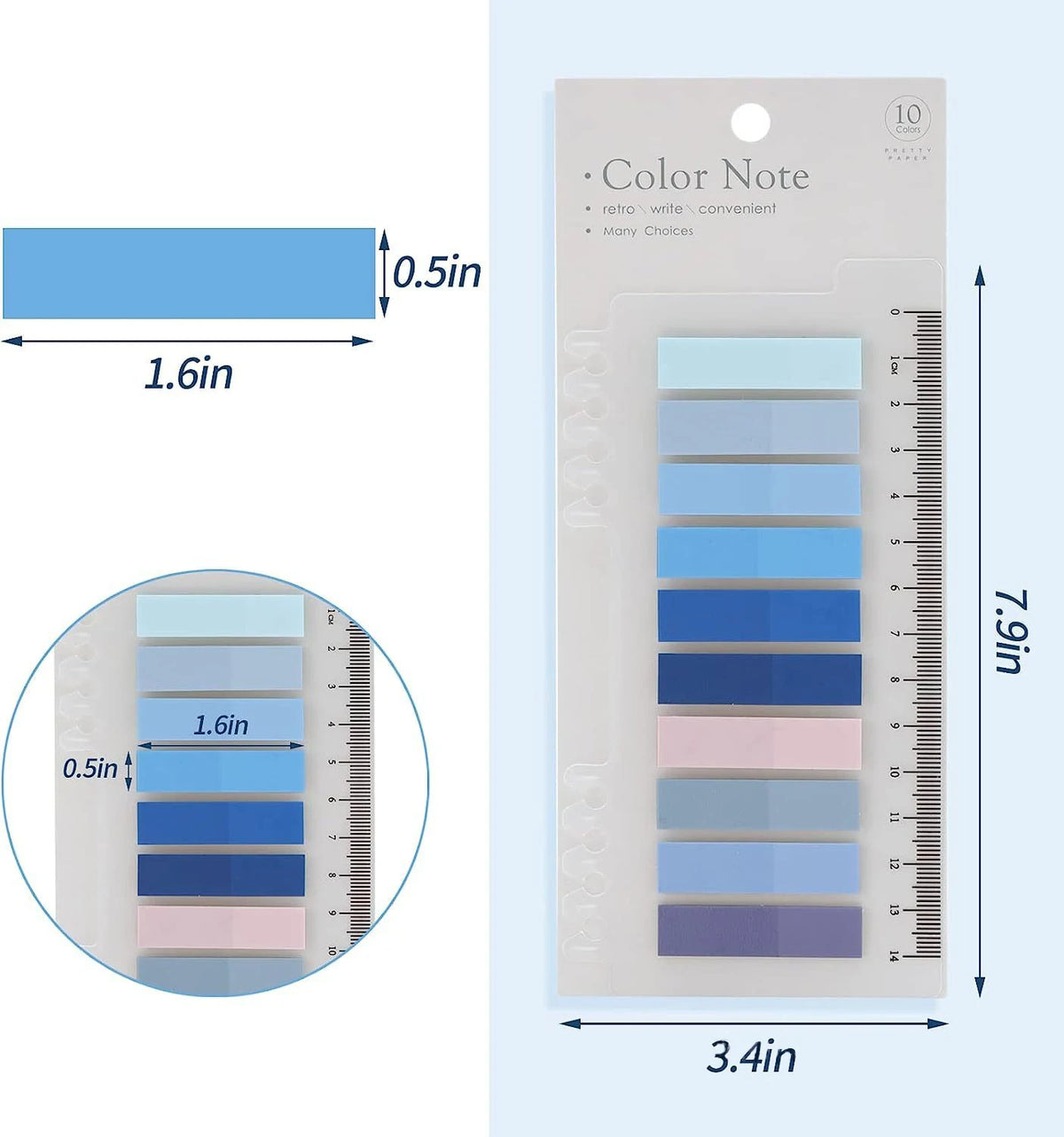 A pack of 10 Color Note sticky notes in various shades of blue and purple, measuring 3.4 inches wide and 7.9 inches long.