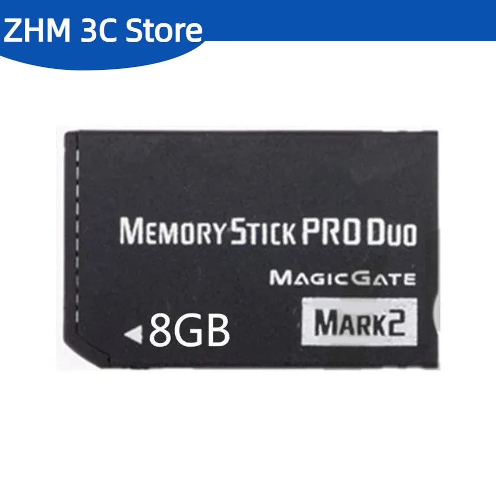Tarjeta Memory Stick PRO Duo negra de 8GB, versión Mark2 visible.