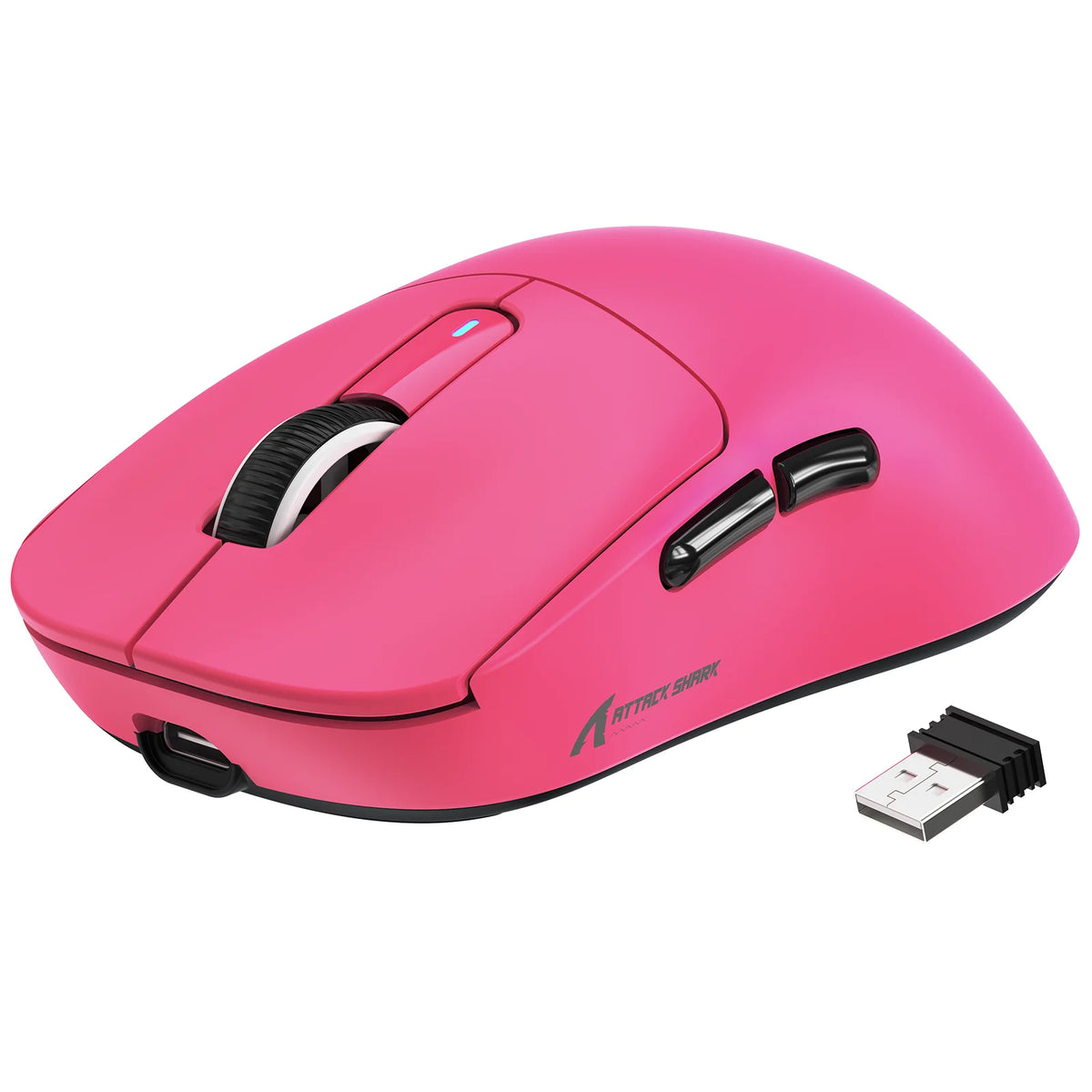 A pink Attack Shark wireless gaming mouse with a scroll wheel and side buttons is shown on a white background.