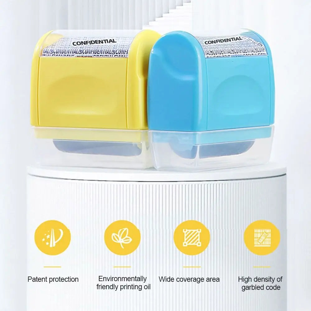 A set of reusable confidential roller stamps in yellow and blue plastic housed in a clear container.
