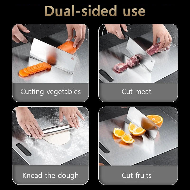 A set of three stainless steel double-sided cutting boards used for cutting vegetables, meat, dough, and fruits.