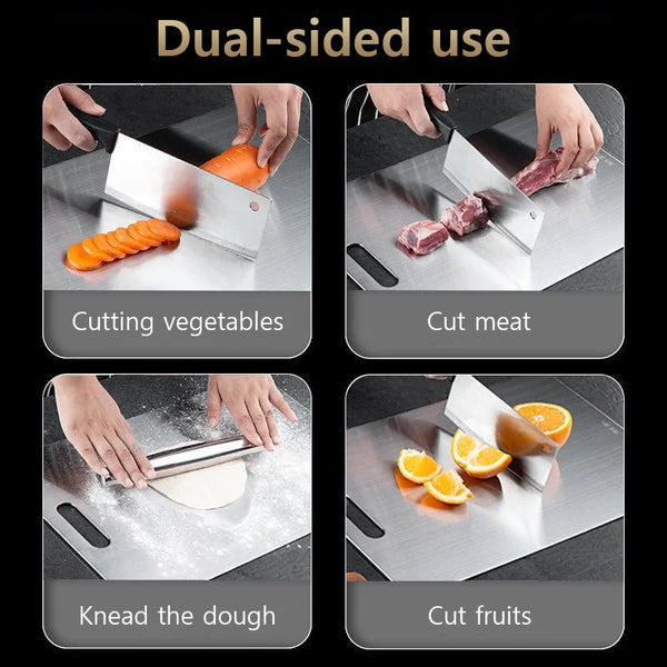 A set of three stainless steel double-sided cutting boards used for cutting vegetables, meat, dough, and fruits.