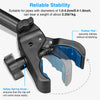 A close-up view of a black adjustable mount clamp designed for securing pipes, showing rubber pads and a safety spring knob.