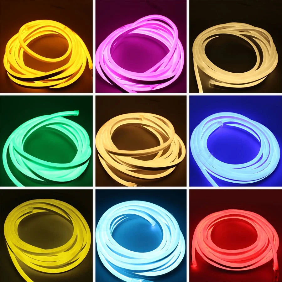 Una cuadrícula que muestra varios colores de tiras de LED flexibles de neón, incluyendo amarillo, rosa, verde, azul y rojo.