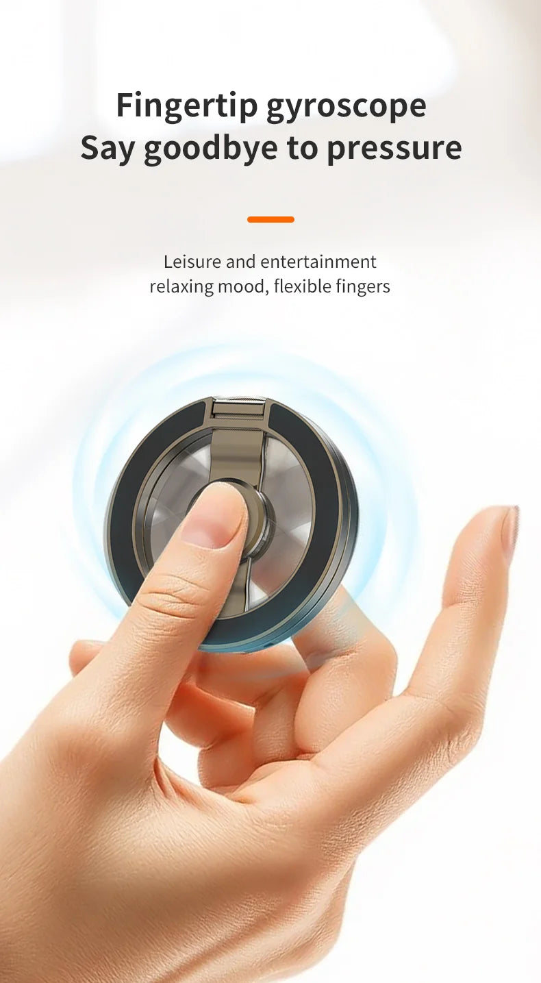A hand is holding a fingerprint gyroscope device, demonstrating its use for relaxation and entertainment.