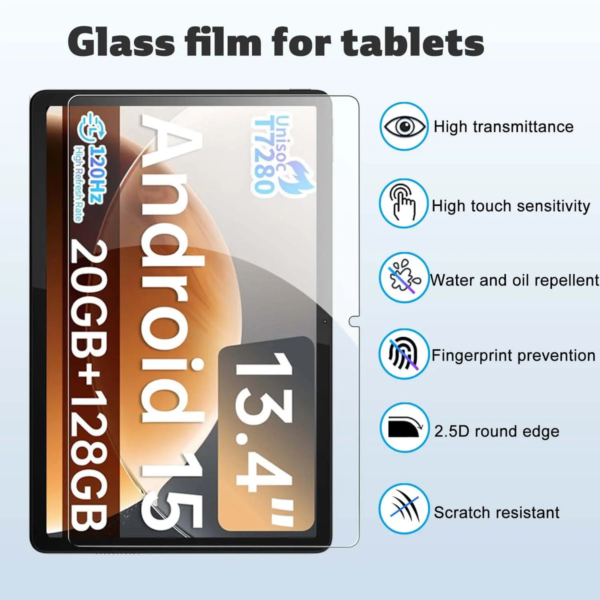 A glass film screen protector for an Android tablet displaying various features like high transmittance and fingerprint preve