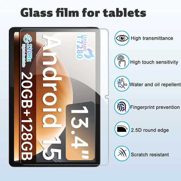 A glass film screen protector for an Android tablet displaying various features like high transmittance and fingerprint preve
