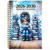 A monthly planner cover featuring a girl surrounded by stacks of books and floral elements for 2026-2030 planning.