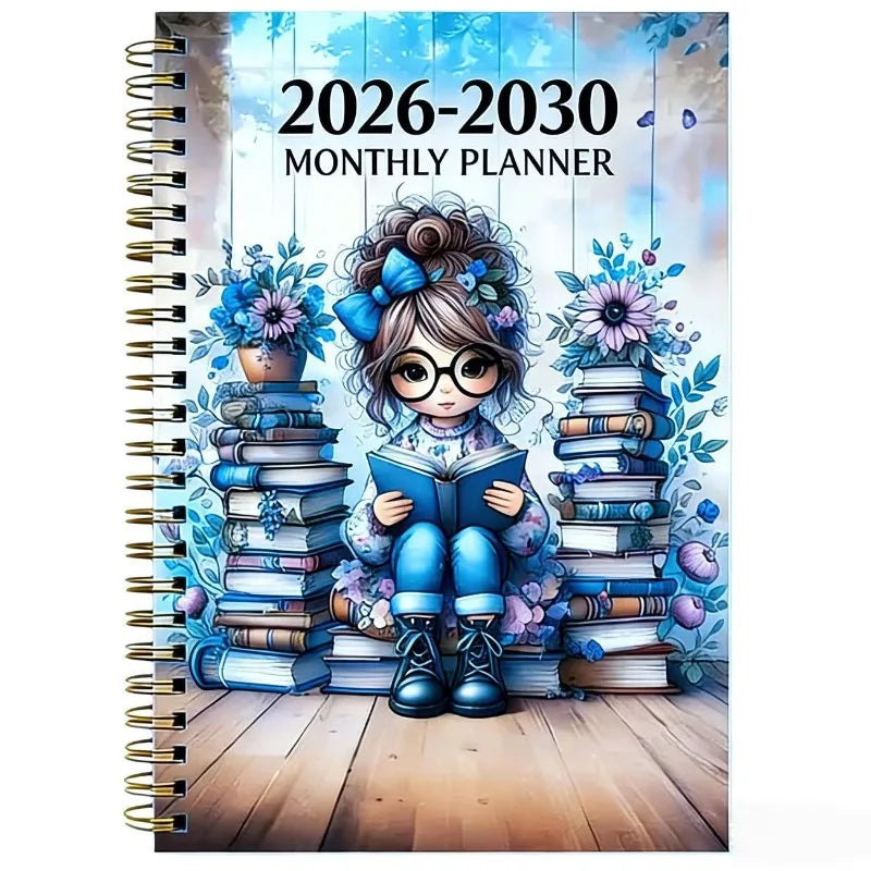 A monthly planner cover featuring a girl surrounded by stacks of books and floral elements for 2026-2030 planning.