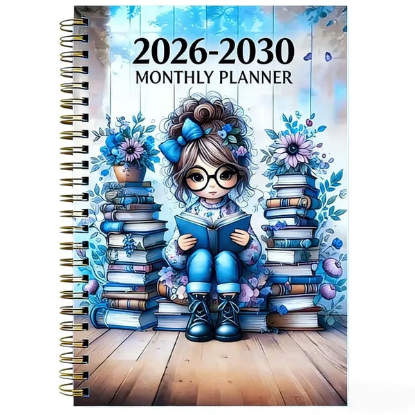 A monthly planner cover featuring a girl surrounded by stacks of books and floral elements for 2026-2030 planning.