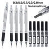 A set of metal mechanical pencils in various diameters 0.3 to 2.0 mm with HB lead cores.