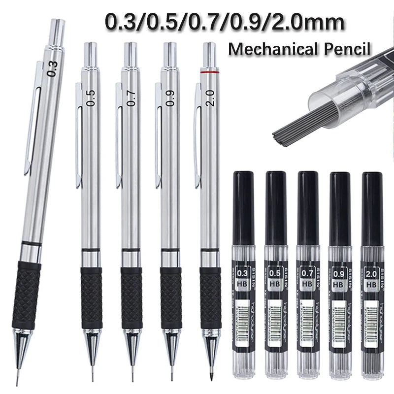 A set of metal mechanical pencils in various diameters 0.3 to 2.0 mm with HB lead cores.