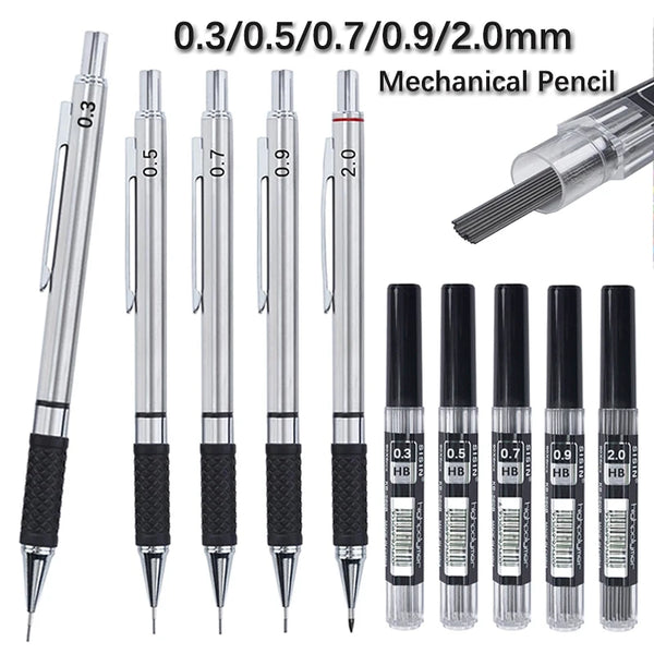 A set of metal mechanical pencils in various diameters 0.3 to 2.0 mm with HB lead cores.