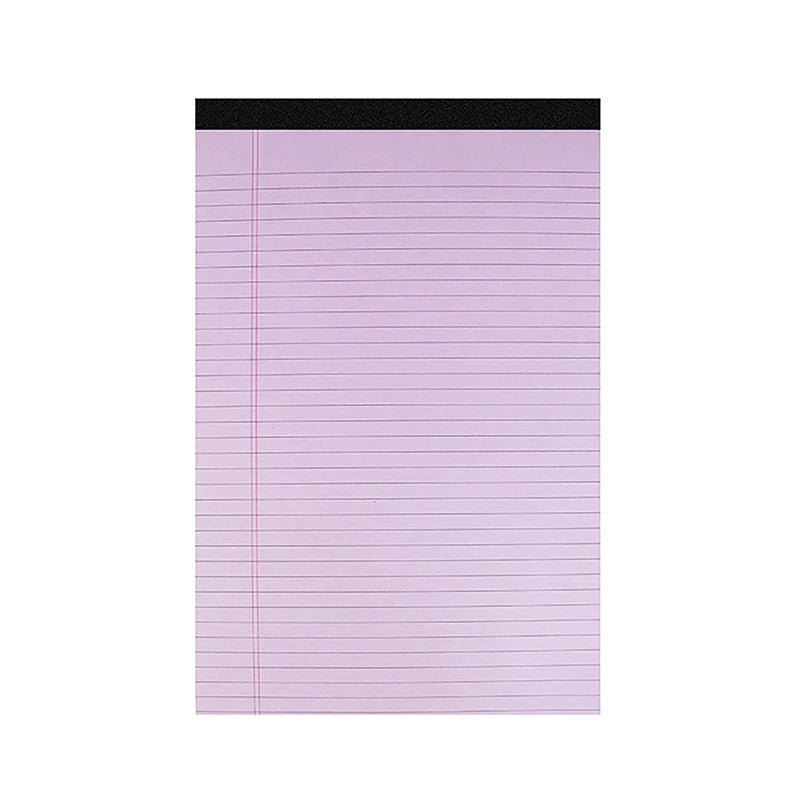 A vertical pink lined writing pad with a black cover.