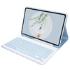 A light blue leather keyboard case with a detachable Bluetooth keyboard shown open on an iPad.