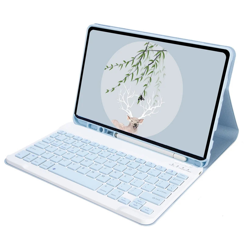 A light blue leather keyboard case with a detachable Bluetooth keyboard shown open on an iPad.