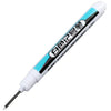 A white permanent paint marker pen with black and light blue accents and a pointed tip.