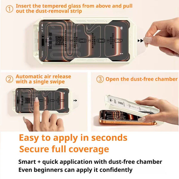 Instructions show how to insert tempered glass and open the dust-free chamber for applying a screen protector.