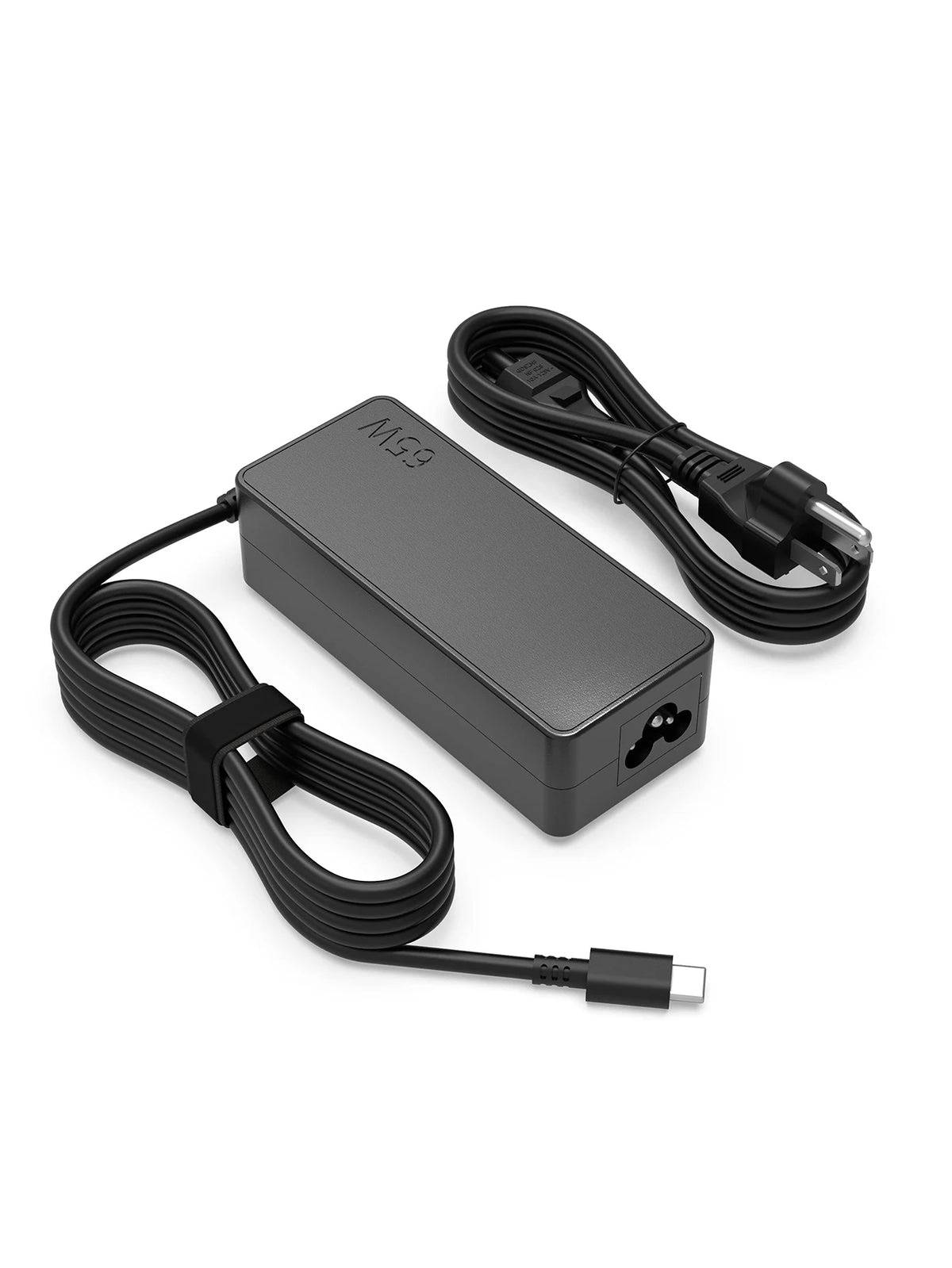 A black 65W USB-C laptop charger adapter with a cable is shown on a white background.