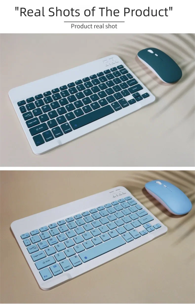 Weiße Mini-Bluetooth-Tastatur und Maus-Kombination mit einer türkisfarbenen Maus daneben.