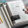 Un carnet à feuilles transparentes avec des notes manuscrites et un stylo posé sur la page.