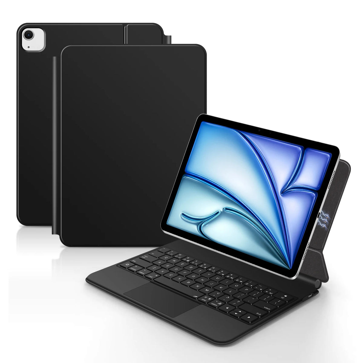 A black Magic Keyboard cover for an iPad is shown next to a smartphone.