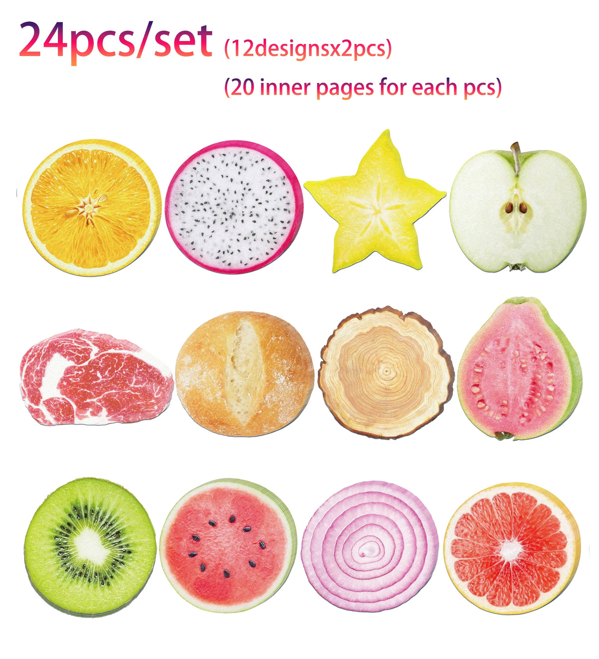 A set of 24 fruit-shaped sticky notes including citrus slices, kiwi, watermelon, and apple cutouts.