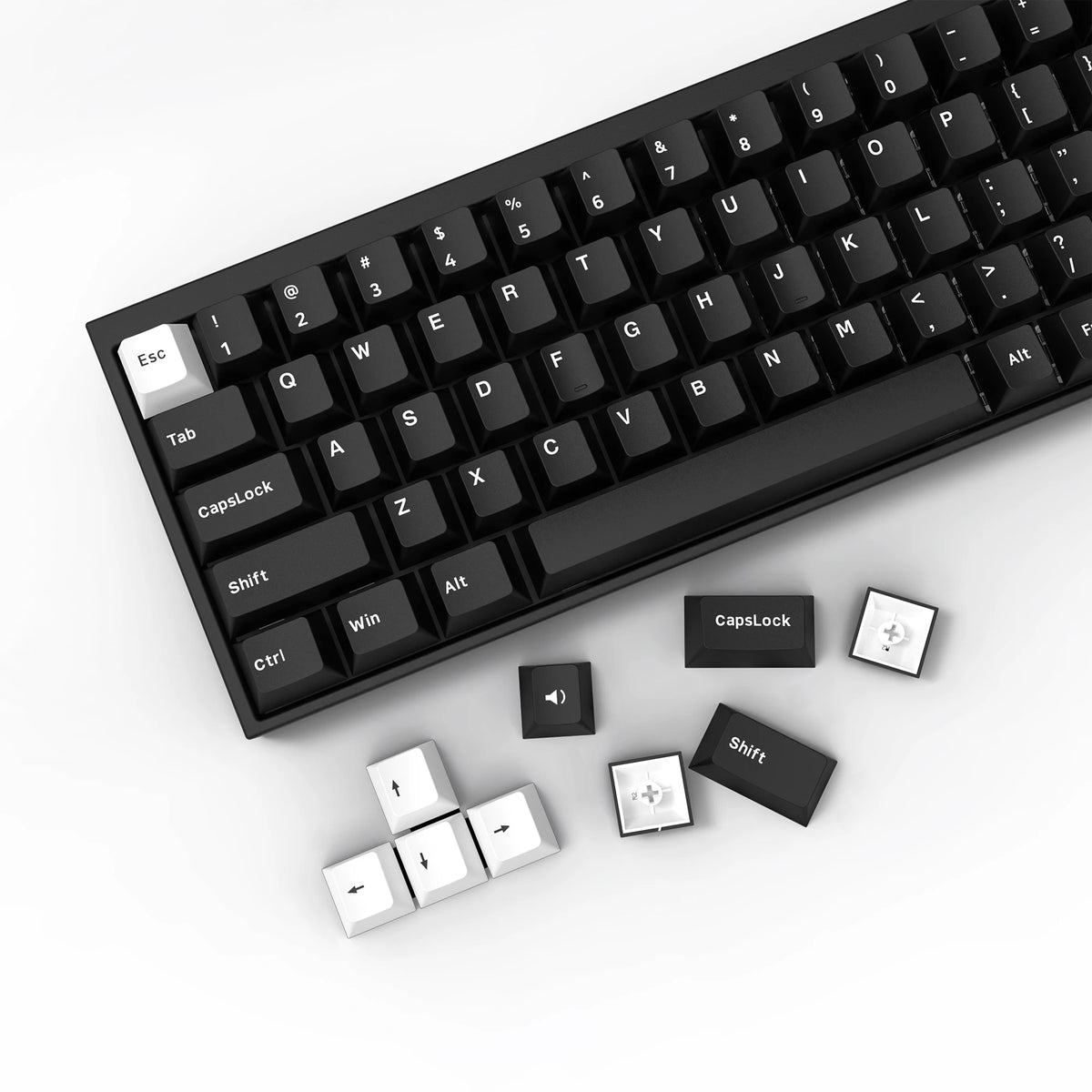 A close-up view of a black mechanical keyboard with PBT double shot keycaps and cherry profile switches.