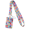 A colorful, patterned fabric lanyard with a metal clip for holding ID badges and accessories.