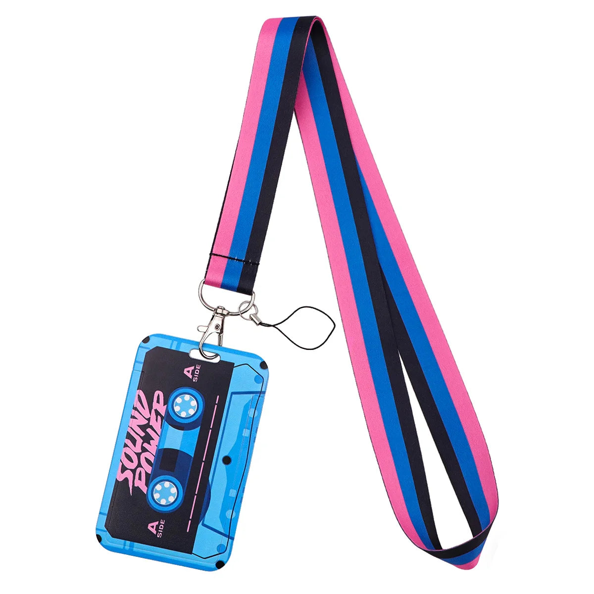 A pink and blue striped lanyard with a clip attached to an ID badge holder.